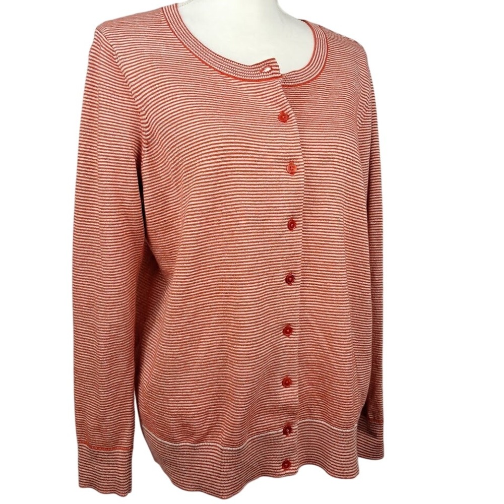 TALBOTS LP Button Up Metallic Thread Cardigan Red White Stripe Sparkle Office